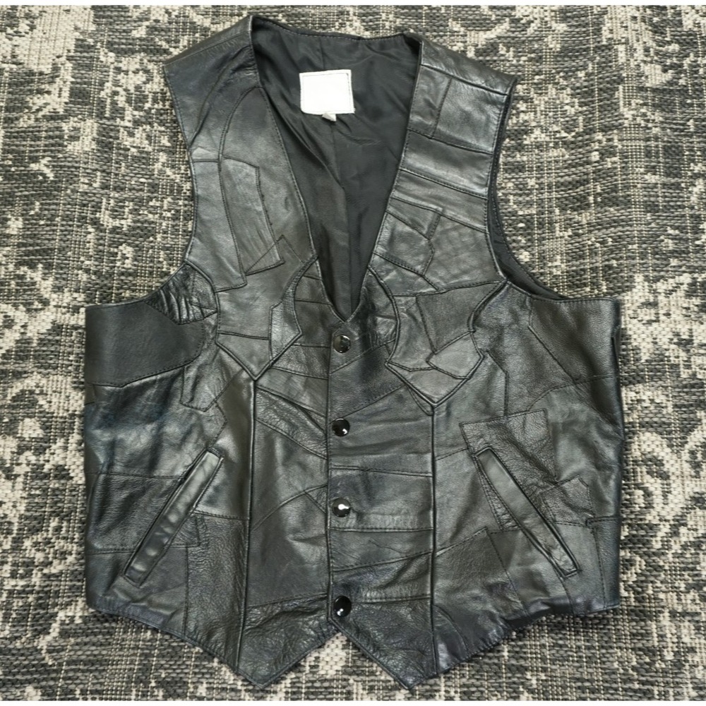 Men's Black Patchwork Leather Vest